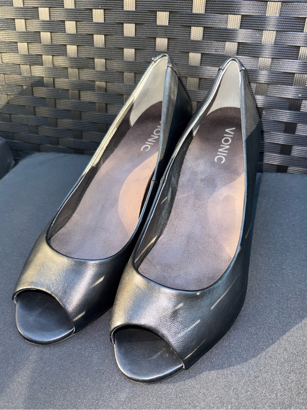 VIONIC Black Peep-Toe Wedge Pumps